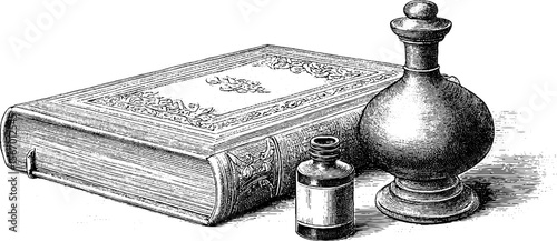 Vintage ledger book with brass inkwell and nib rest sketch for retro design