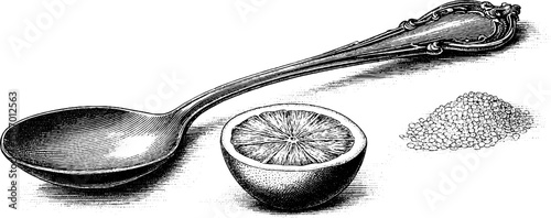 Vintage lemon half with sugar spill and metal spoon engraving for culinary design