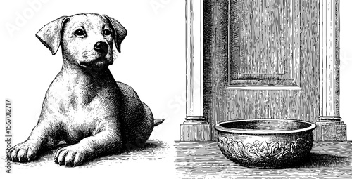 Vintage sketch of limping stray dog and broken collar ring - hand drawn illustration