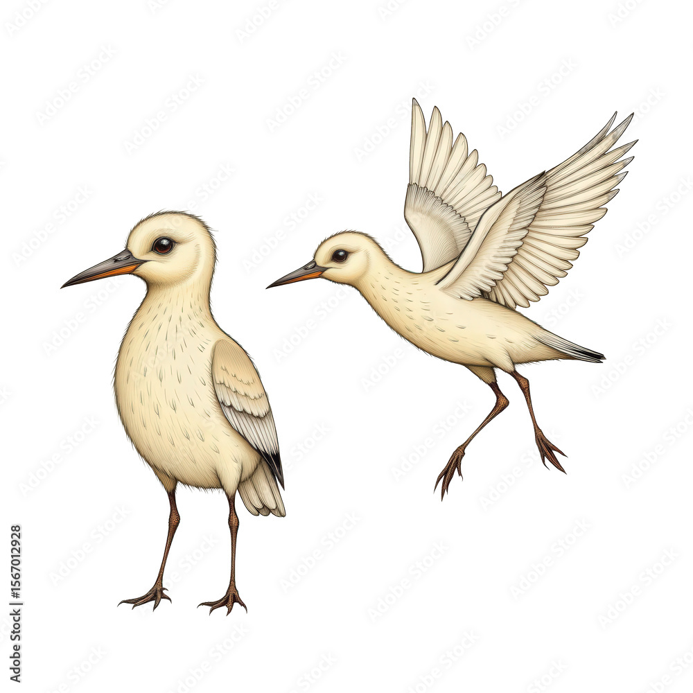 Obraz premium White Birds with Detailed Feathers in Flight and Standing, Artistic Illustration of Nature and Wildlife