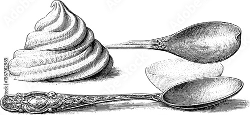 Vintage sketch of mashed potato swirl with ornate serving spoon for culinary design