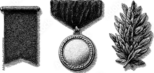 Vintage medal and ribbon with laurel wreath design for awards and honors celebrations