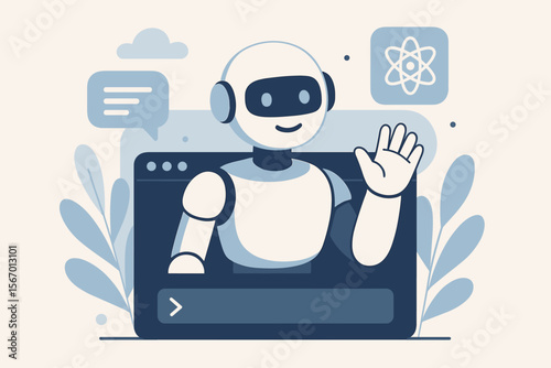 Generative AI concept with friendly robot waving hello. Intelligent assistant or chatbot in a command prompt window. Virtual technology support. Modern flat vector cartoon illustration.