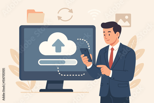 Cloud backup service concept. Businessman using smartphone to upload files and manage online data storage. Cloud computing technology, synchronizing files from computer to server.