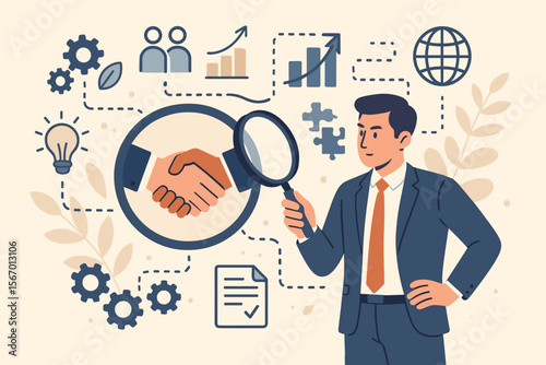 Business ecosystems and partnerships concept. Businessman with magnifying glass analyzing collaboration strategies. Negotiation, agreement, and cooperation for company growth.