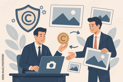 Copyright law and intellectual property concept. Photographer selling rights to his images. Businessman buying licensed content for commercial use. Digital asset protection and royalty.