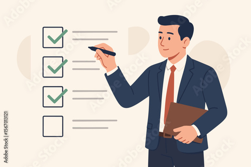 Businessman marking a checklist. Project management concept with a manager ticking completed tasks. Productivity, planning, and goal achievement illustration. To-do list monitoring.
