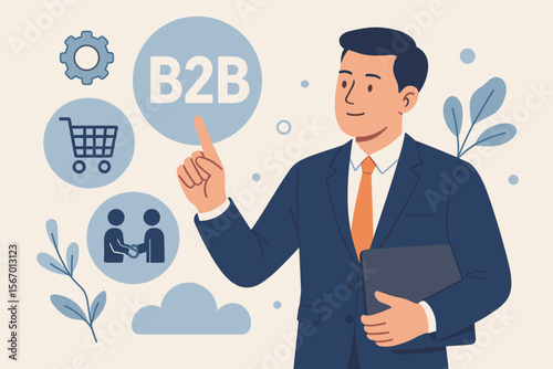B2B marketing concept with a businessman pointing to icons. Business to business commerce strategy for collaboration and partnership. E-commerce, sales, and supply chain management.