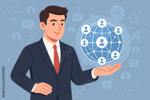 Businessman holds a glowing global network for customer connection. Concept of CRM, customer relationship management, data exchange, digital marketing, and client service technology.