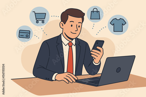 Man shopping online with a smartphone at his work desk. Businessman character buying products via mobile app and laptop. E-commerce, digital retail, consumerism, and payment concept.