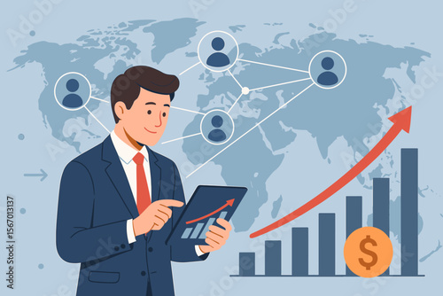 Businessman using a tablet for global network connection. Investor analyzing customer sales data and economic growth graph. Concept of business development and marketing strategy.