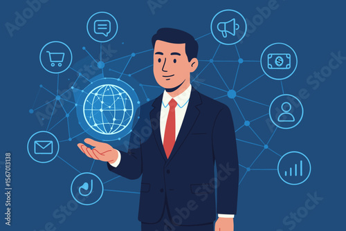 Businessman managing a global network of business services. Concept of digital marketing, social media, finance, e-commerce, and data exchange. Worldwide technology vector.