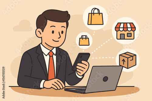 Businessman shopping online with a smartphone and laptop at his desk. E-commerce and internet retail concept. Man ordering goods on a mobile app with purchase and delivery icons.