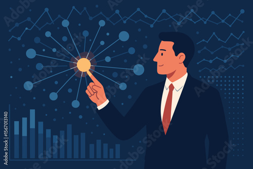 Businessman analyzing big data on a futuristic dashboard. Concept of data visualization, business intelligence, digital transformation, network analytics, innovation and technology.
