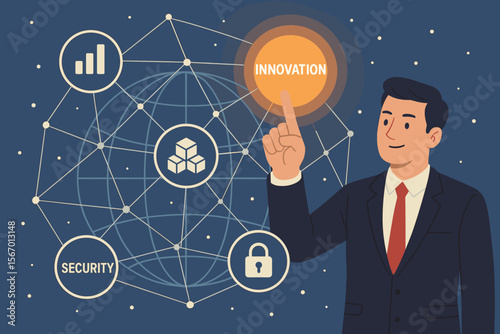 Businessman touching innovation button on futuristic interface. Concept of global network, big data, blockchain technology, and cybersecurity. Digital transformation vector illustration.