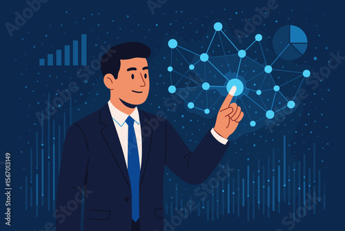 Businessman analyzing big data on a futuristic digital interface. Concept of data visualization, business intelligence, network technology, innovation, AI, and financial analytics.