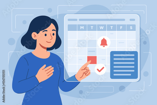 Woman planning schedule on a virtual calendar interface. Time management concept with appointment reminders, meeting agenda, and task list. Business organization and productivity vector.
