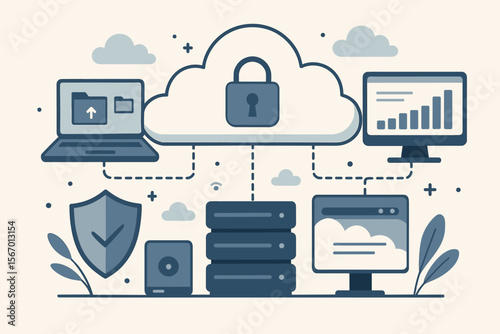 Cloud technology concept illustration. Secure data storage, backup, and hosting. IT network infrastructure for business with cybersecurity protection. Online cloud computing service.