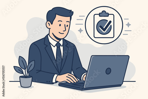 Business compliance concept with a businessman at a desk using a laptop. Regulatory policy, corporate governance, and risk management illustration. Professional checking rules and standards.