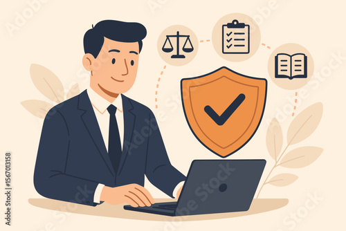 Business compliance concept with a man at laptop. Following company policy, law, and regulations. Icons for governance, legal standards, risk management, audit, and safety.