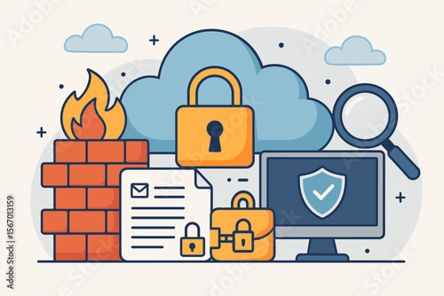 Cloud security concept. Data encryption and firewall protection. Continuous monitoring and network safety. Cybersecurity and privacy for protected cloud computing data. Flat vector.