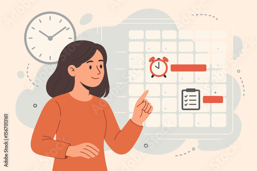 Time management concept. Woman pointing at virtual calendar interface, planning schedule. Business character organizes meetings, appointments, agenda. Productivity and deadline vector.