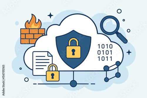 Cloud security concept with cybersecurity technology. Firewall protection, data encryption, and network monitoring for protected information, privacy, and secure cloud computing solutions.