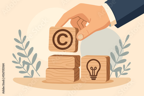 Copyright or patent concept. Intellectual property protection and author rights law. Hand stacking wooden blocks with copyright symbol and lightbulb idea icon. Flat vector illustration.