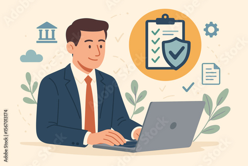 Business compliance vector concept. Businessman at laptop ensuring adherence to laws and regulations. Corporate governance, policy enforcement, risk management, audit, standards.