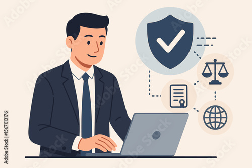 Corporate compliance concept. Businessman at laptop ensuring adherence to laws, regulations, and global standards. Vector illustration of governance, risk management, and policy.