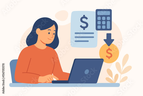 Cost reduction business finance concept. Woman on laptop managing budget, expense control, money saving. Financial planning, accounting optimization, and economy strategy vector.