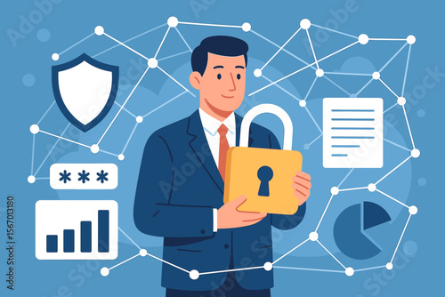 Cyber security and data protection. Businessman holding padlock. Protecting business and financial data. Virtual network connection. Internet privacy. Information safety concept. Flat vector.