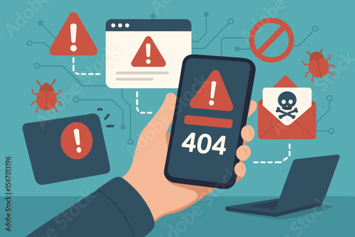 Cybersecurity threat concept with 404 error page on a smartphone screen. Cyber attack, hacking, malware, virus, and spam danger alert. Network failure and data breach warning.