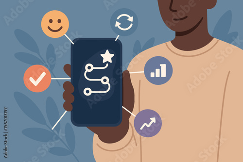 Customer journey map concept. Person with smartphone showing user experience path. Marketing strategy for satisfaction, retention, and loyalty. Digital CX with analytics and engagement icons.