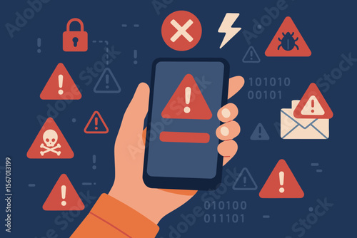 Cyber attack and security threat concept. Hand holding smartphone with virus, malware, and spam alerts. Digital danger, phishing warning, data breach, and network vulnerability illustration.