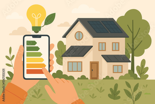Eco-Friendly Smart Home Energy Efficiency Concept. Modern House with Solar Panels. Person Using Smartphone for Energy Rating Assessment. Sustainable Living, Green Technology, Renewable Energy