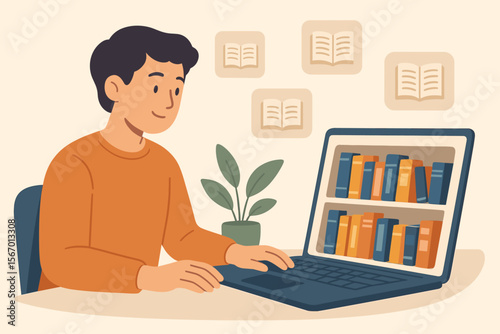 Digital library learning concept. Young man using laptop with virtual bookshelf, ebook icons, online knowledge base, electronic books, distance education, internet study, modern flat vector