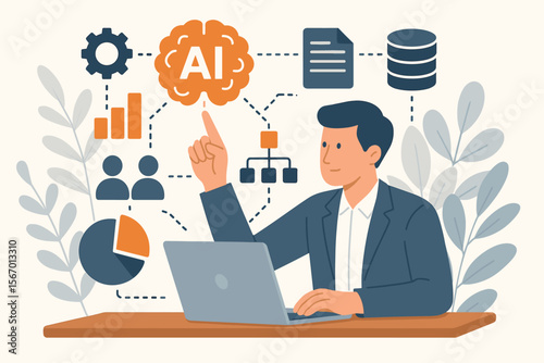 Artificial Intelligence ERP System Concept. Businessman Using AI for Enterprise Resource Planning, Data Analysis, Decision Making, Workflow Automation, Business Intelligence, Digital Transformation