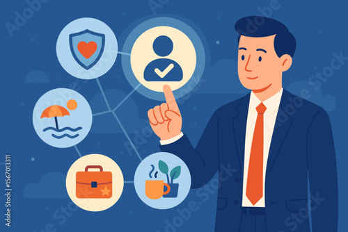 Employee Benefits and Compensation Strategy Concept. Businessman Selecting Employee Icon. Insurance, Paid Vacation, Office Perks, Fringe Benefits, Engagement, Corporate Wellness, Human Resources