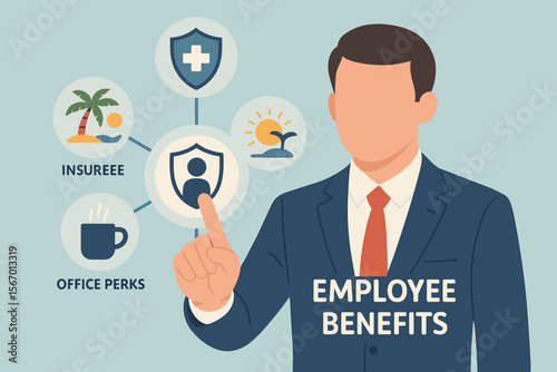 Employee Benefits and Compensation Strategy Concept. Businessman Touching Icons for Insurance, Paid Vacation, Office Perks, Fringe Benefits, Employee Engagement, Corporate Wellness, Human Resources