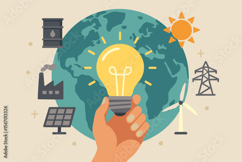 Hand Holding Light Bulb in Front of Globe Illustrating Global Energy Consumption and Renewable Resources with Solar, Wind, Oil, Factory, Electricity, and Sun Icons. Modern Vector Concept