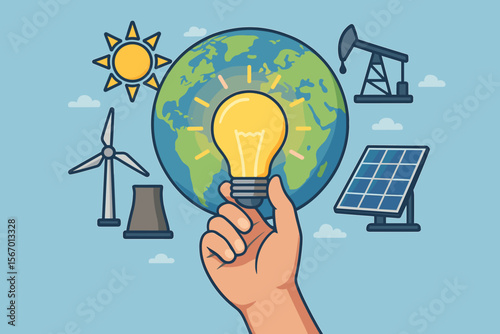 Hand Holding Light Bulb in Front of Globe with Renewable and Nonrenewable Energy Sources Icons, Solar, Wind, Oil, Nuclear, Power Generation, Global Electricity Consumption Concept Vector