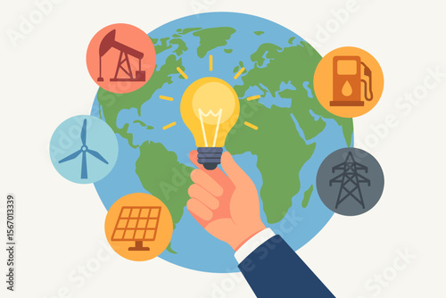 Global energy sources concept illustration. Hand holding glowing light bulb in front of world map with icons for oil, gas, wind, solar, electricity. Renewable and nonrenewable power generation