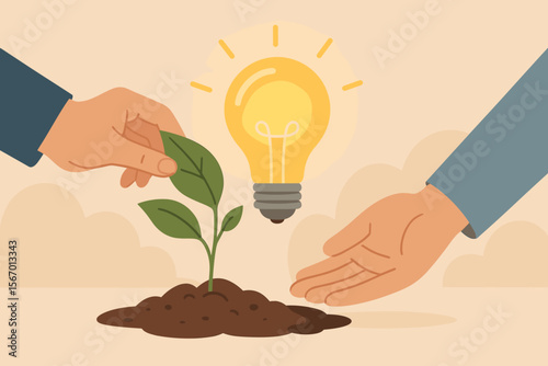 Innovation and Growth Concept. Hands Nurturing Green Plant with Glowing Light Bulb. Sustainable Development, Eco Friendly Ideas, Renewable Energy, Environmental Protection, Creative Solution Vector