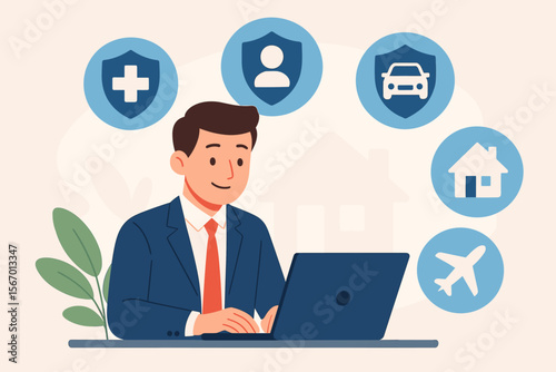 Businessman Using Laptop with Insurance Icons for Health, Life, Car, Home, Travel Coverage. Modern Flat Vector Illustration. Financial Security, Risk Management, Protection Concept