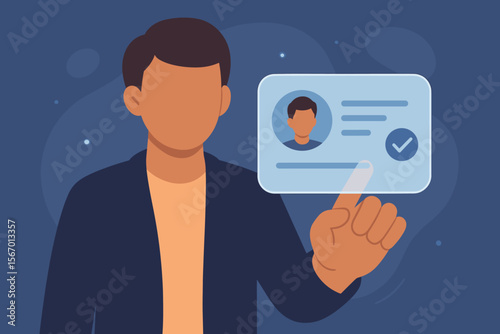 Know Your Customer KYC Verification Concept. Businessman Holding Digital ID Card on Virtual Screen. Identity Authentication, Online Security, Personal Data Protection, Modern Flat Vector Illustration
