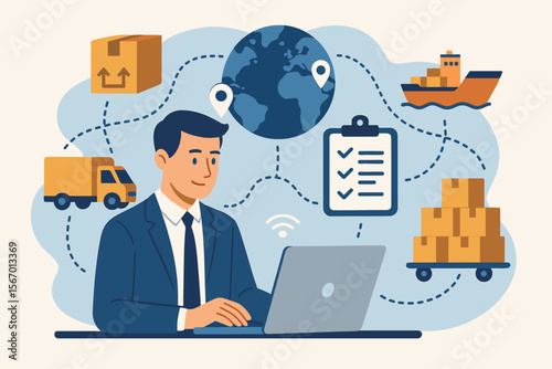 Businessman Using Laptop for Global Logistics Management, Supply Chain Technology, Inventory Control, Shipping Coordination, Delivery Tracking, Freight Transport, Distribution Planning Concept