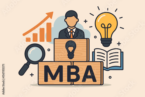 MBA Master of Business Administration program concept. Business education, management skills development, leadership training, innovation, career growth. Wooden blocks, icons, flat vector illustration
