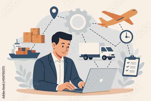 Businessman Using Laptop for Supply Chain Management, Logistics Coordination, Transport Planning, Inventory Control, Shipping, Delivery Tracking, Global Freight, Cargo Distribution, Technology Concept