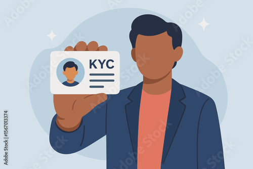 Know Your Customer KYC Verification Concept. Businessman Holding Identification Card. Digital Identity Check, Personal Data Security, Compliance Process, Modern Flat Vector Illustration